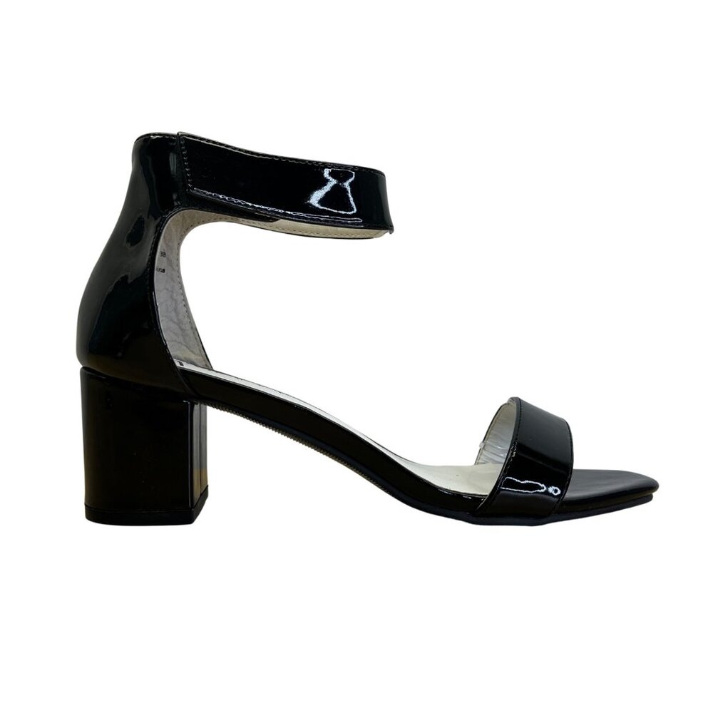Amiana Women’s Black Patent Faux Leather Ankle Strap Block Heel  Sandals  Sz 7.5